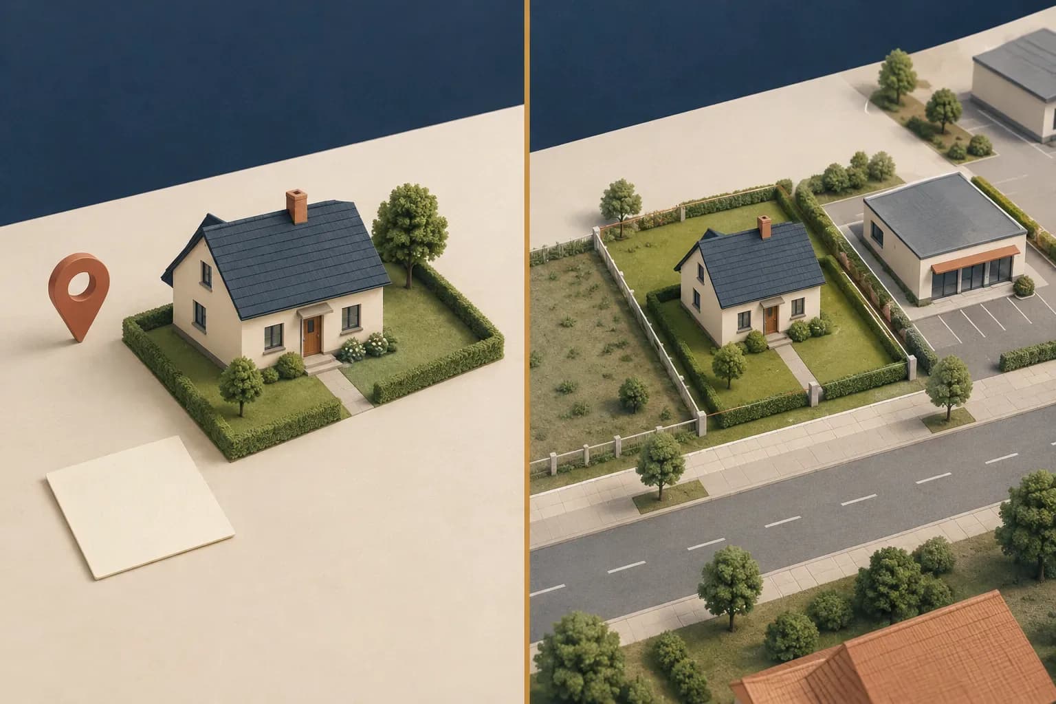 Dwie sceny pokazują proste zgłoszenie wyceny domu oraz dokładniejszą analizę nieruchomości i jej otoczenia.